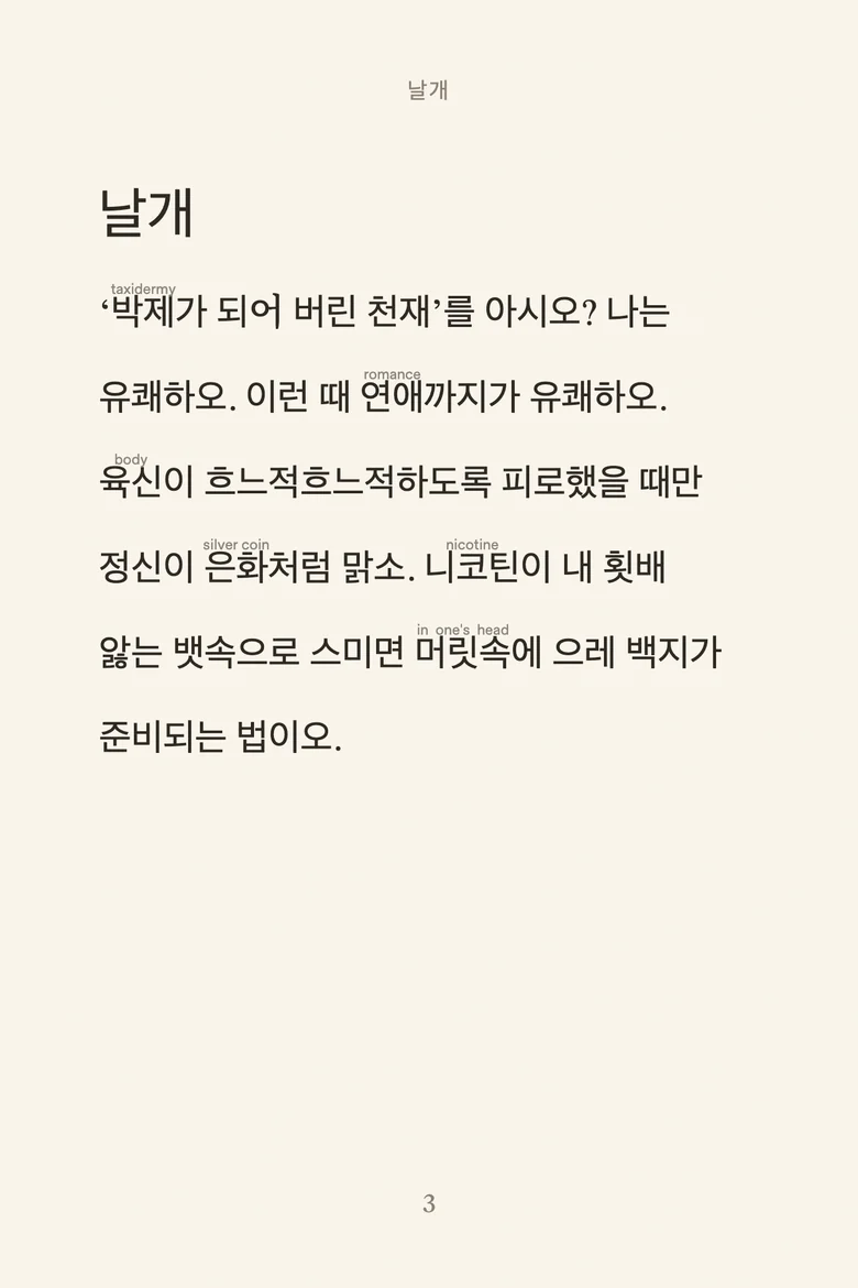 A page of Yi Sang's Wings with English glosses over the hard words